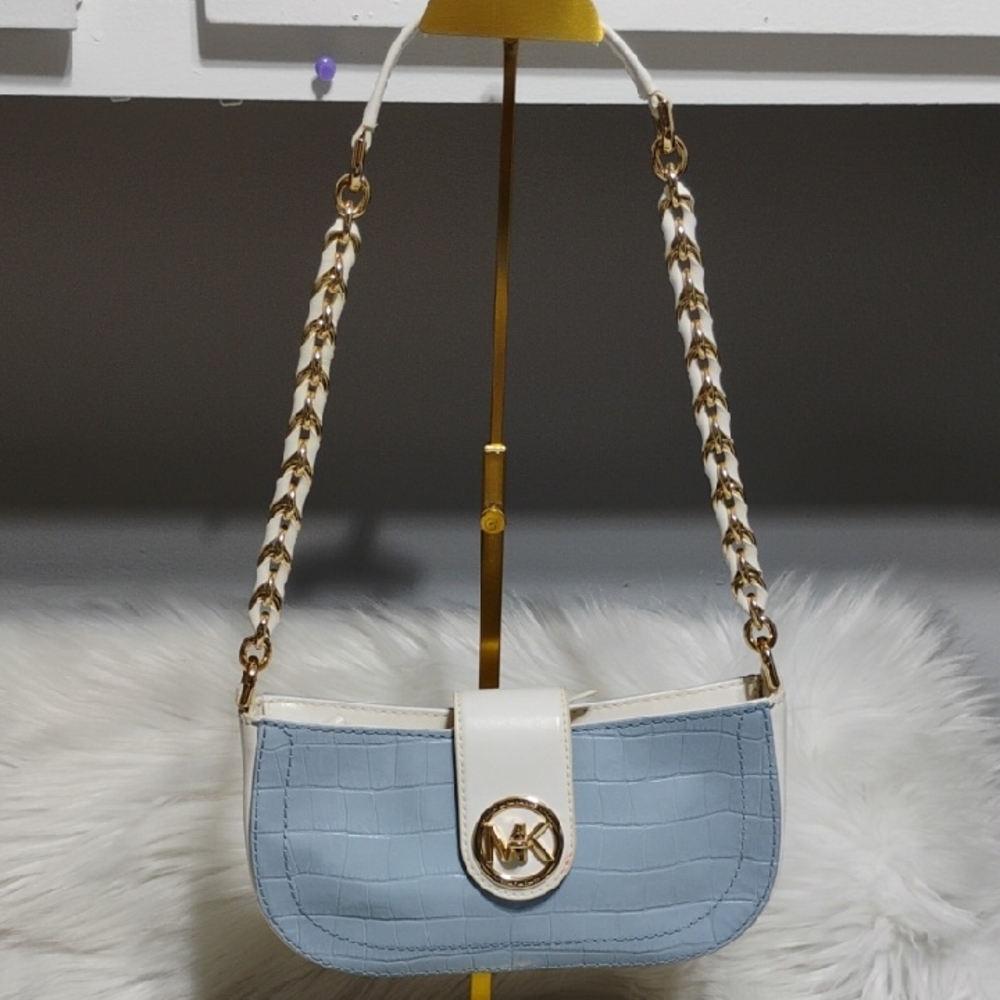 Michael Kors Croc-Embossed Blue & White Shoulder Bag - Picture 1 of 16